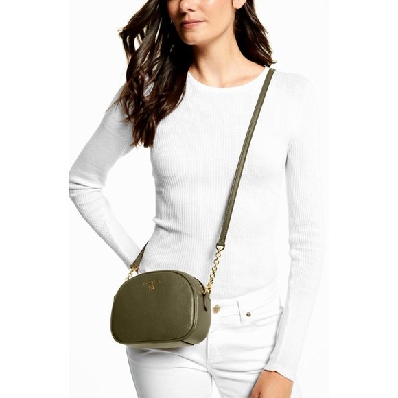New Michael Kors Jet Set Charm Small Oval Camera Crossbody  New Michael Kors Jet Set Charm Small Oval Camera Crossbody Pebble Leather Olive